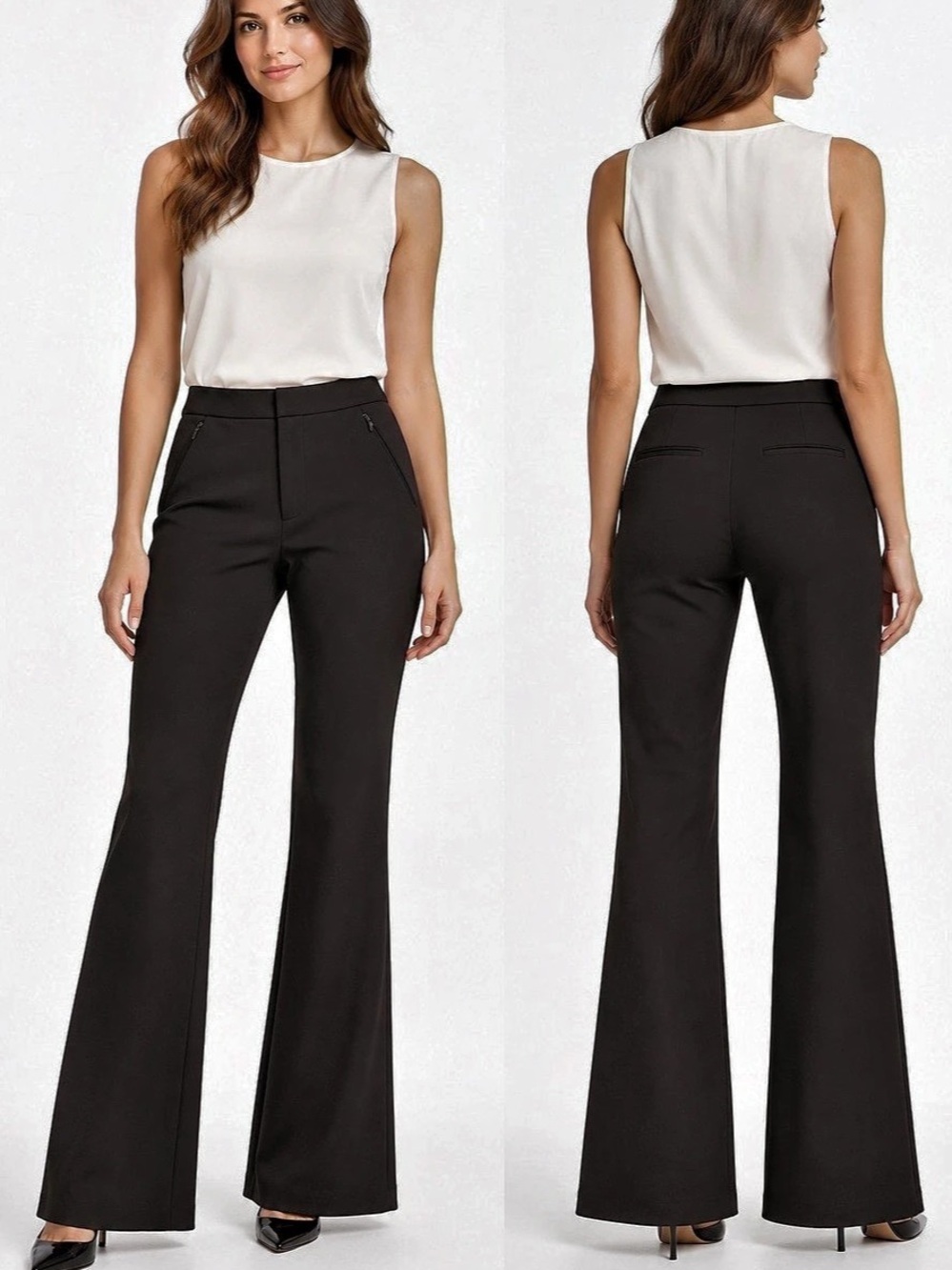 Good American Black Tailored Flare Trousers Zip Pockets Size 6/28